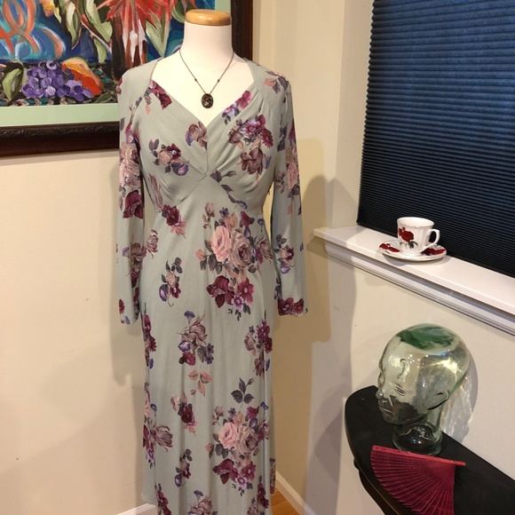 1990's Carole Little Rayon Floral 30's Inspired Pale Green Soft Bias Dress - M - Picture 12 of 12